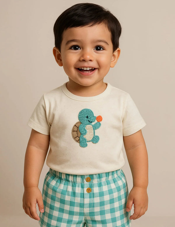 Organic Cotton Turtle T-shirt & Gingham Shorts Set - ohmybebe