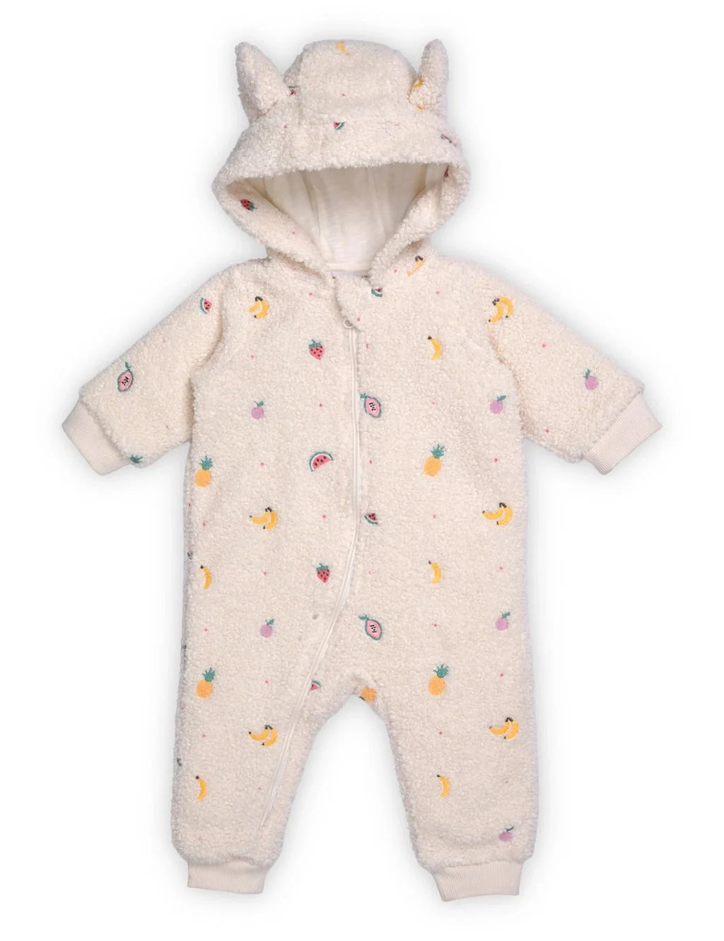 Baby snowsuit with colorful patterns on a white background