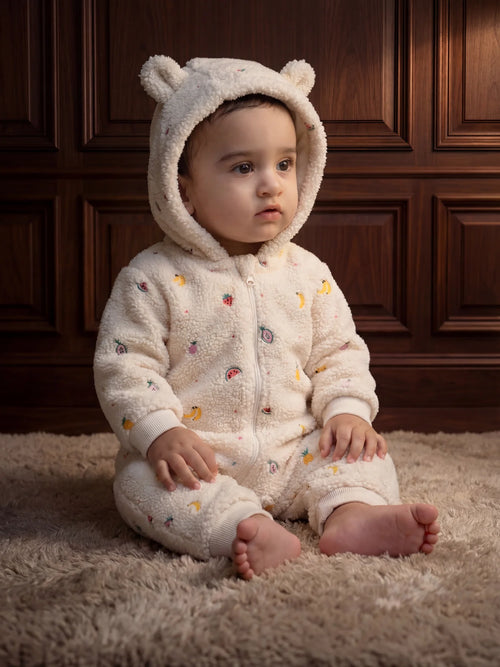 Fruit-Embroidered Shearling Hooded Growsuit
