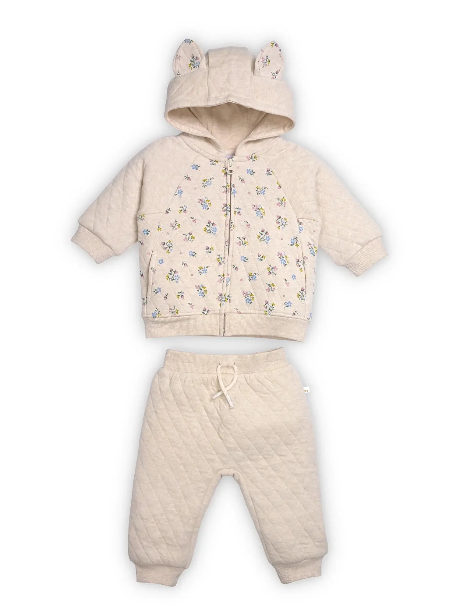 Beige baby hoodie and pants set with floral pattern on a white background