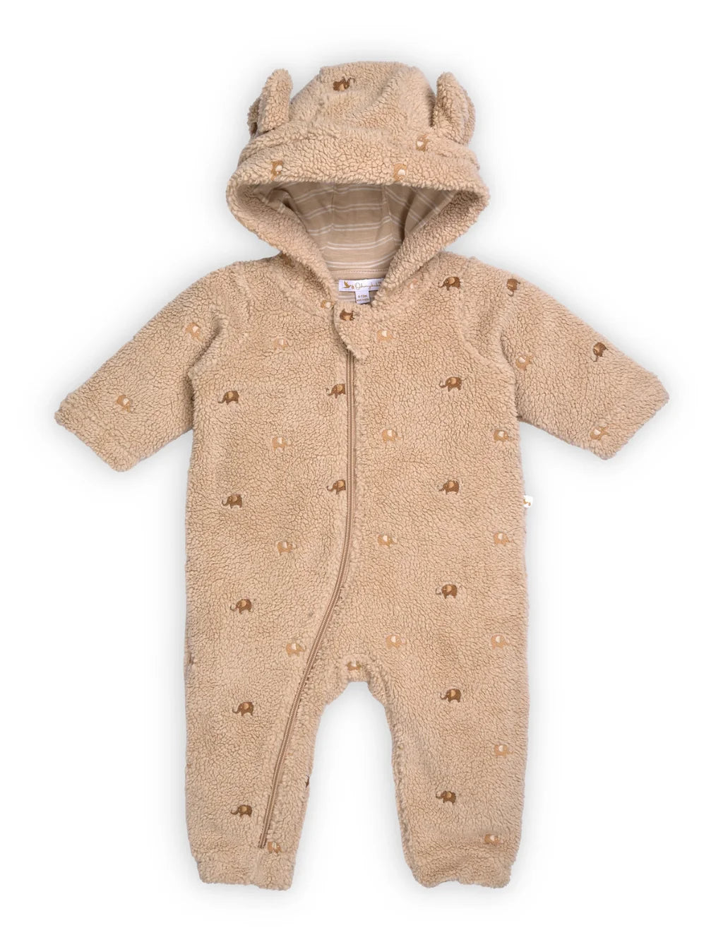 Beige baby snowsuit with hood on a white background