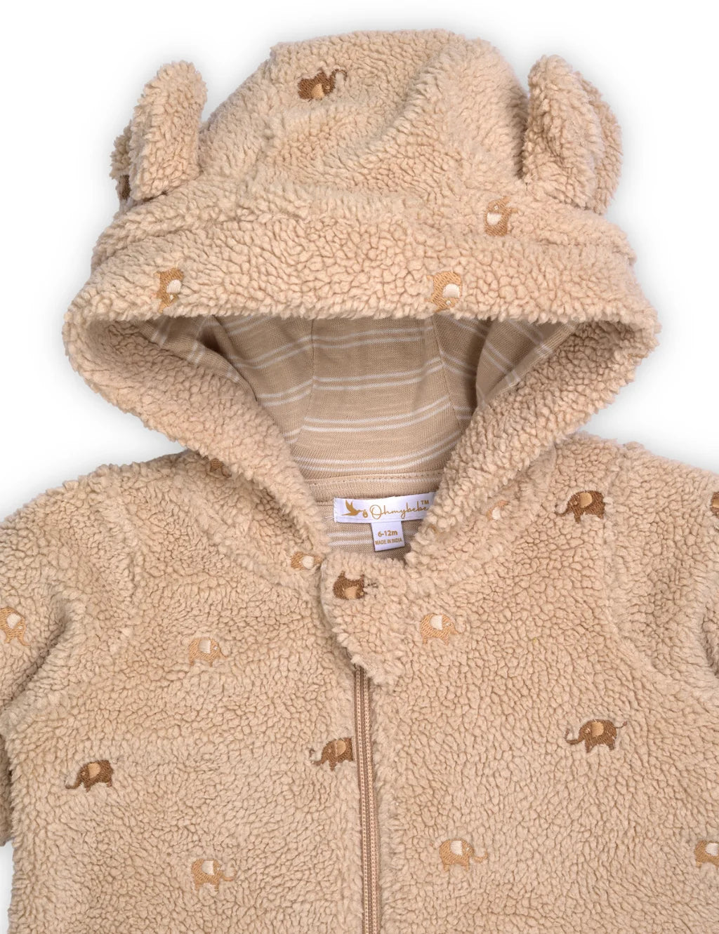 Beige fleece jacket with animal patterns on a white background