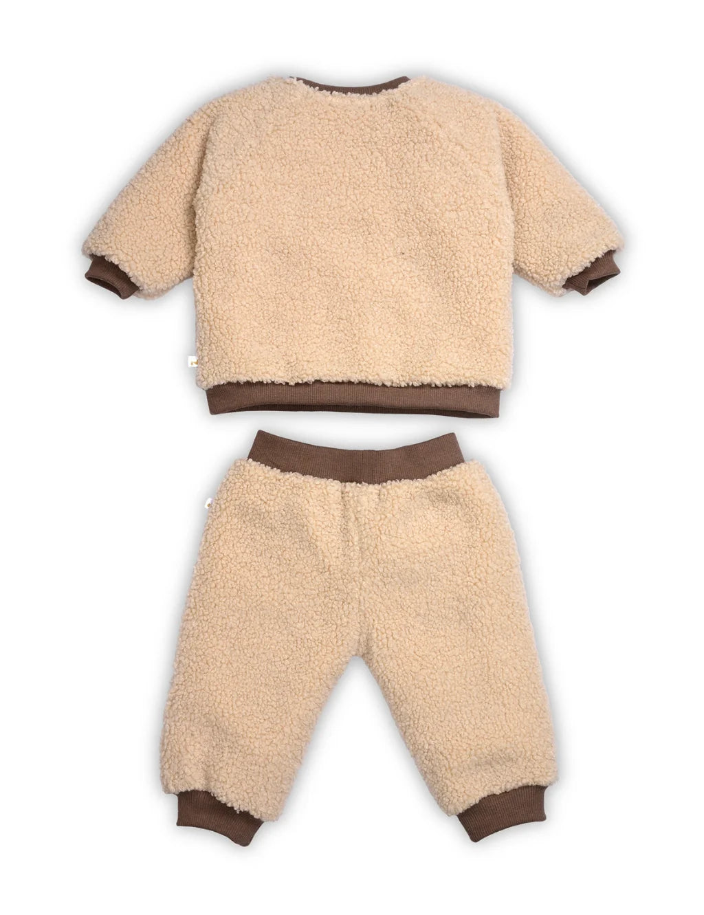 Beige fleece sweater and pants set on a white background