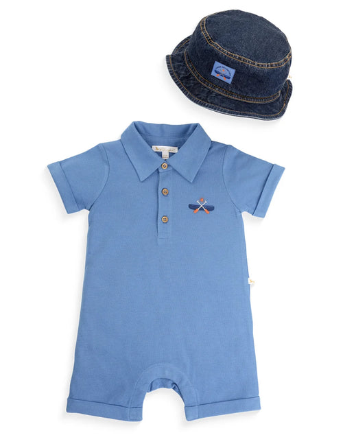 Pique Growsuit with Denim Hat – Soft Blue