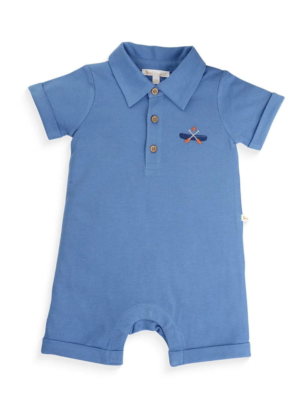 Blue baby romper with collar and logo on a white background