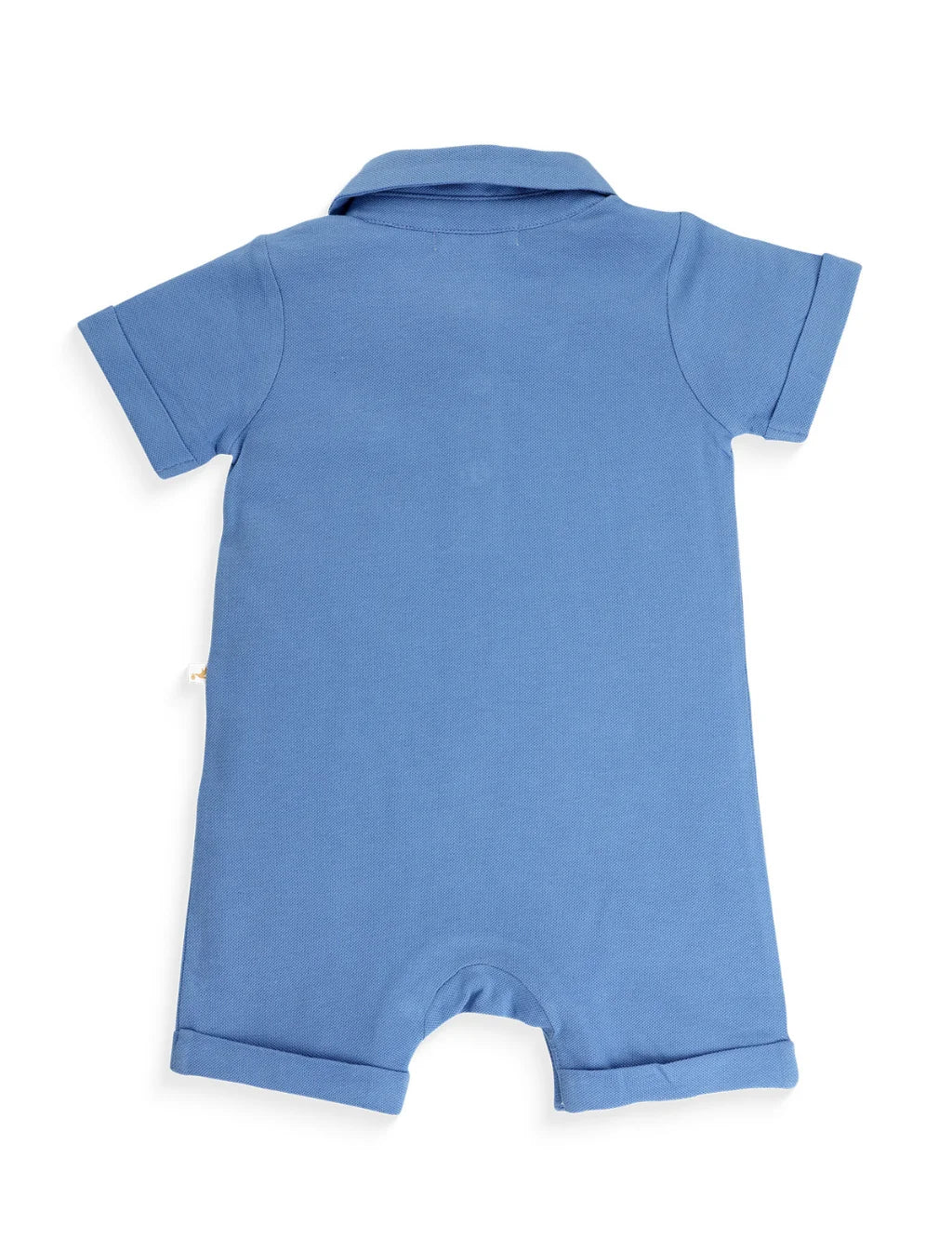 Blue baby romper with collar on a white background