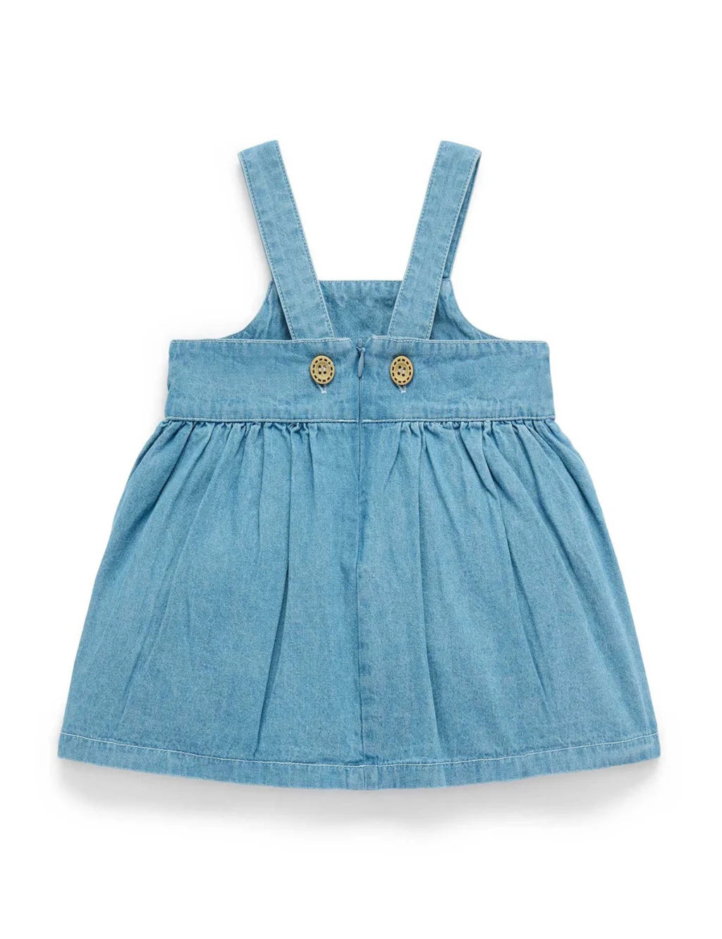 Blue denim dress with straps on a white background
