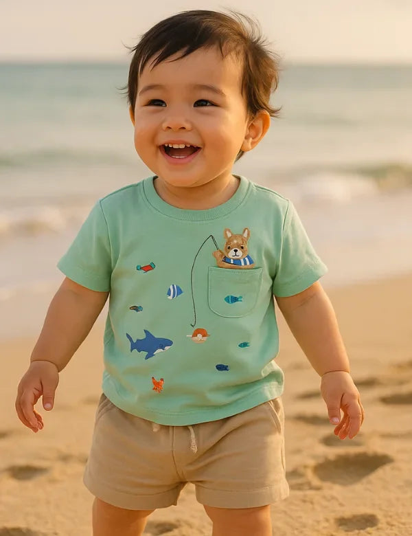 Organic Cotton Kids Set – Mint Shark Applique Tee & Comfortable Shorts - ohmybebe