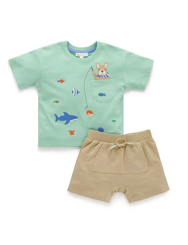 Organic Cotton Kids Set – Mint Shark Applique Tee & Comfortable Shorts - ohmybebe