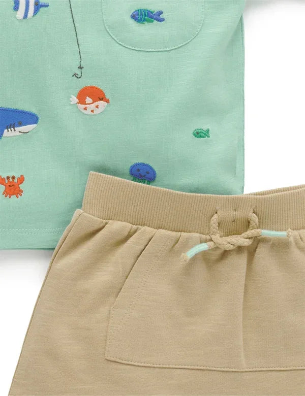 Organic Cotton Kids Set – Mint Shark Applique Tee & Comfortable Shorts - ohmybebe