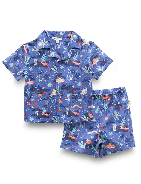 Boy's Organic Cotton Short Sleeve Marine Print Pyjama Sets - ohmybebe