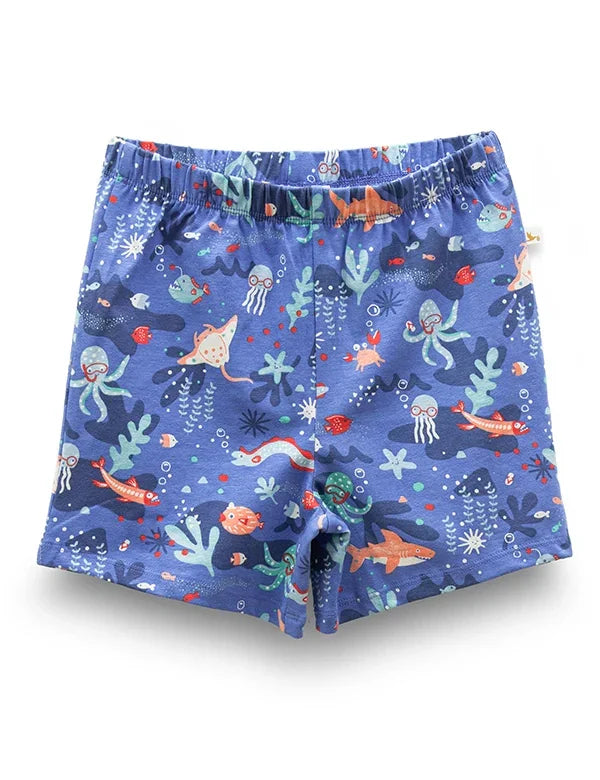 Kids' blue ocean print shorts with elastic waistband featuring colorful sea creatures and coral design