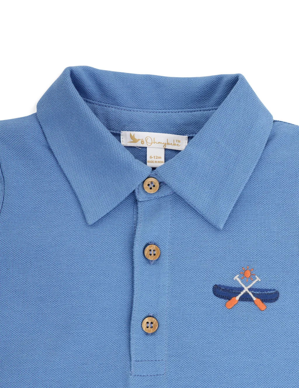 Blue polo shirt with a logo on a white background
