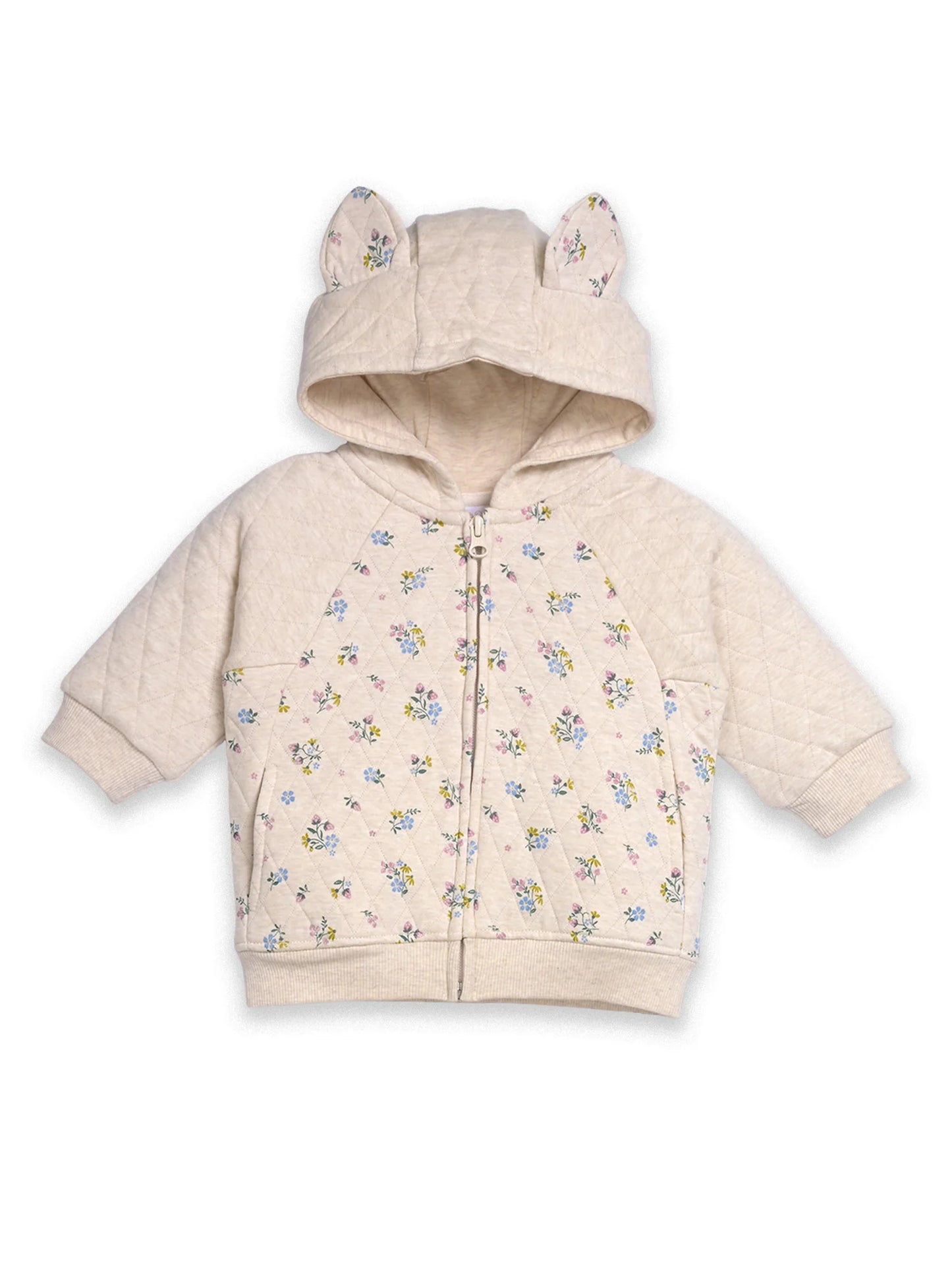 Children's beige jacket with floral pattern and bear ears on a white background