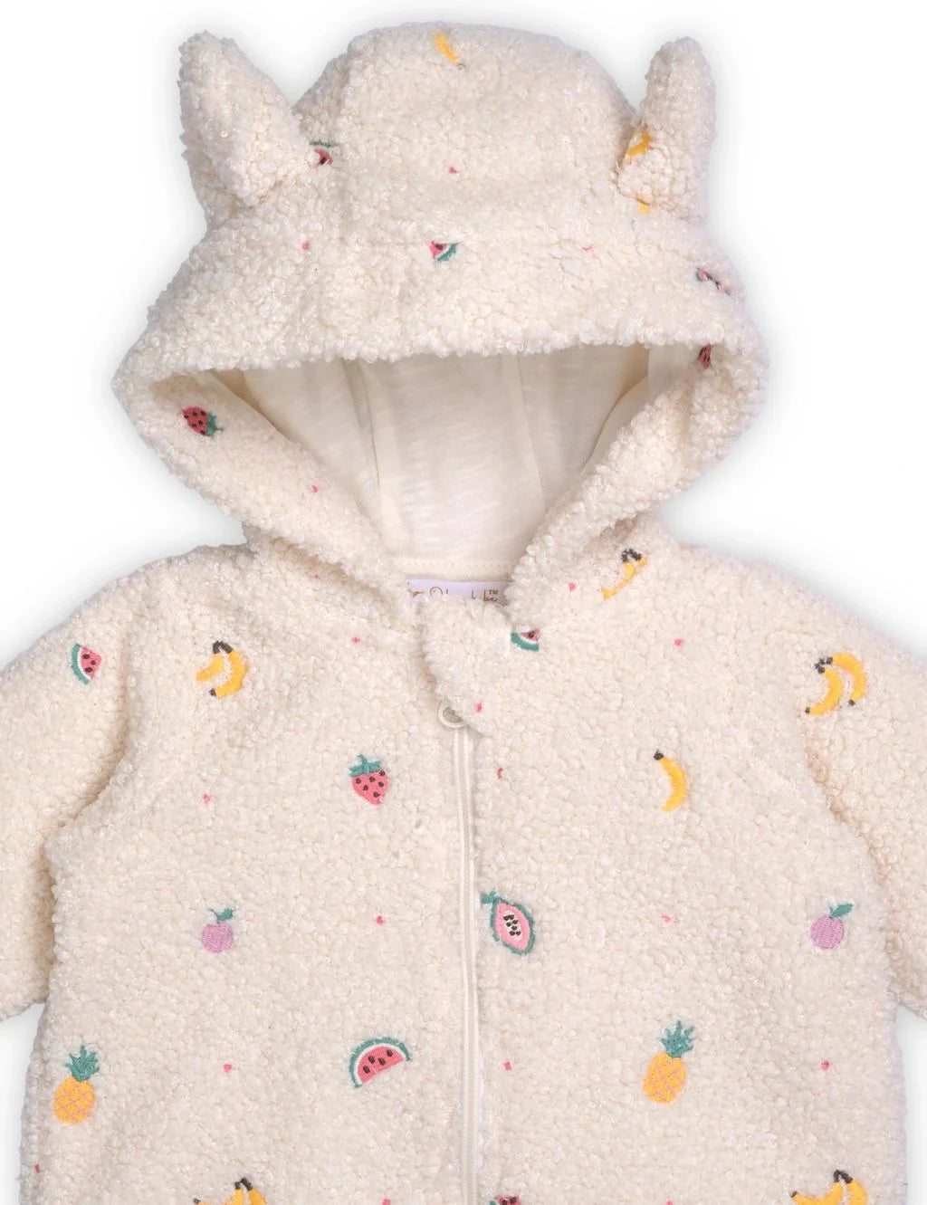 Children's cream-colored fleece jacket with colorful fruit patterns on a white background