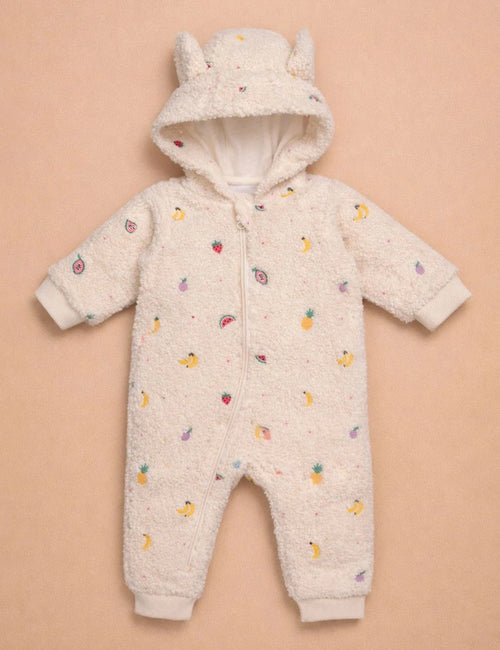 Fruit-Embroidered Shearling Hooded Growsuit
