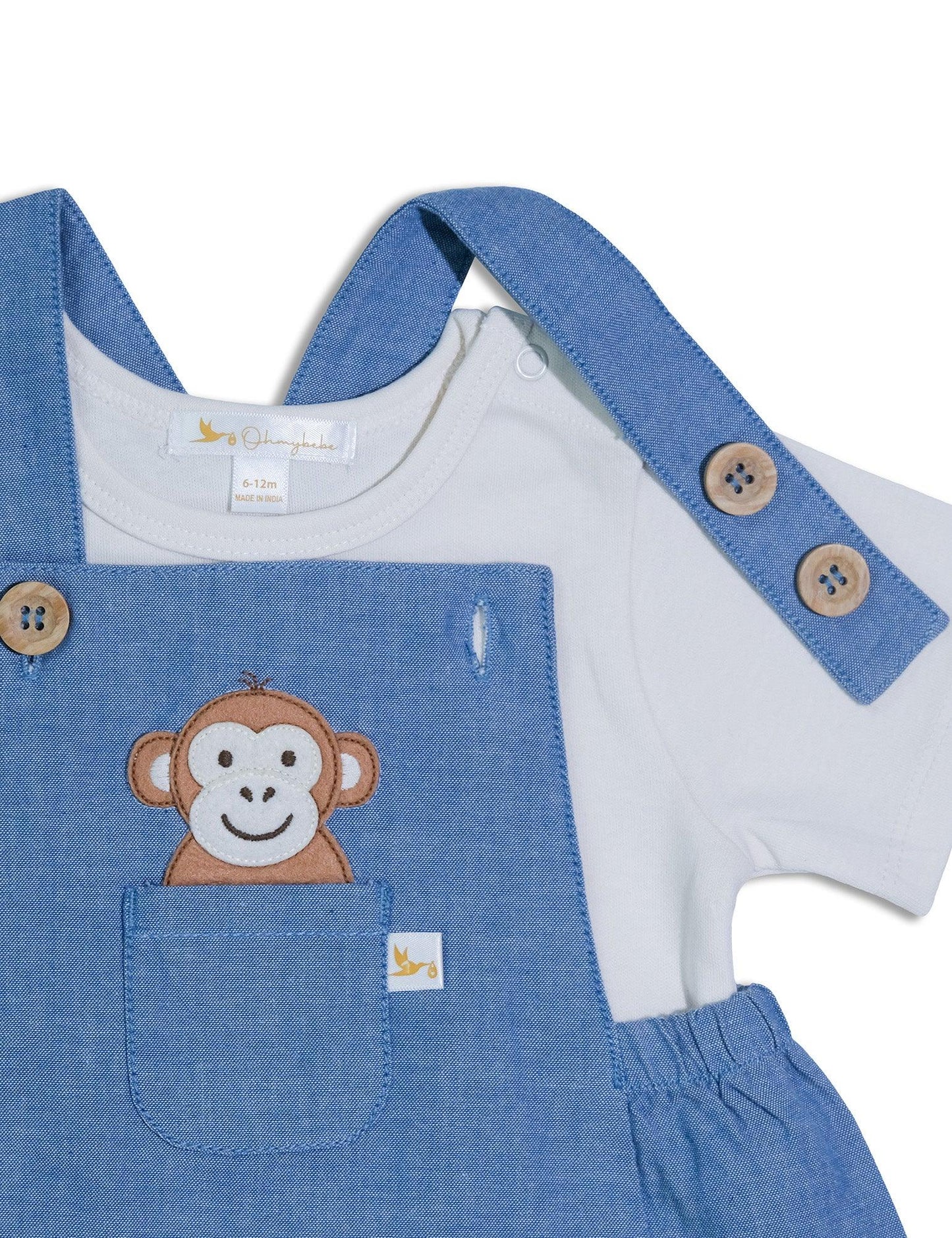 Blue baby dungarees with monkey embroidery and white shirt designed for 6-12 months