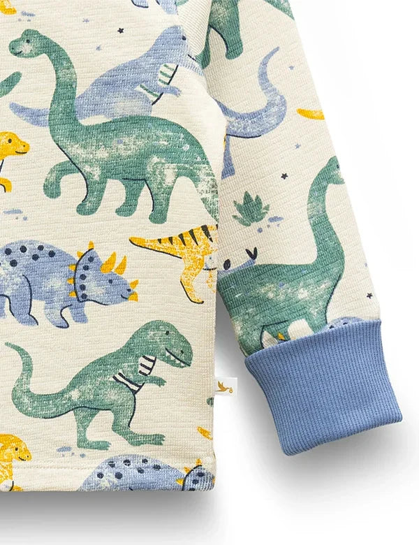 Organic cotton baby top sleeve detail with colorful dinosaur print and blue cuff