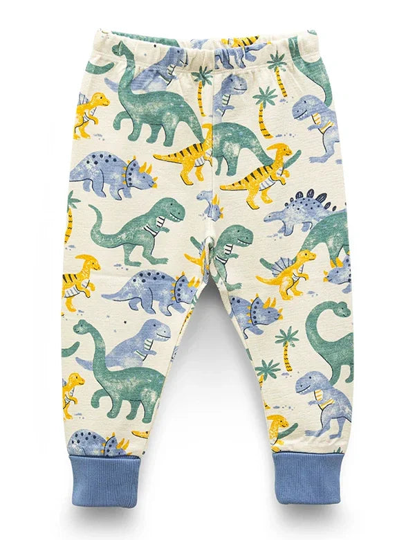 Organic cotton baby pajama bottoms with colorful dinosaur print and blue cuffs
