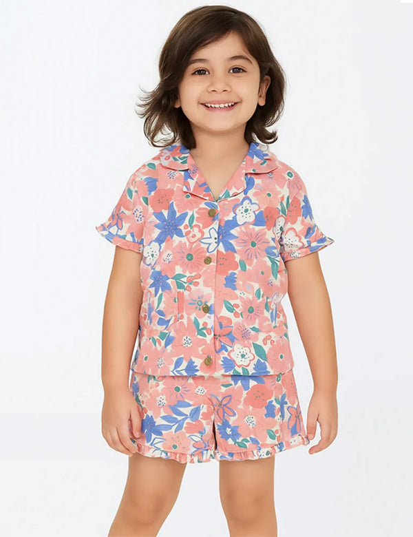 Organic Cotton Baby Girl Floral Print Pyjama Set - Short Sleeves, Comfortable Sleepwear - ohmybebe