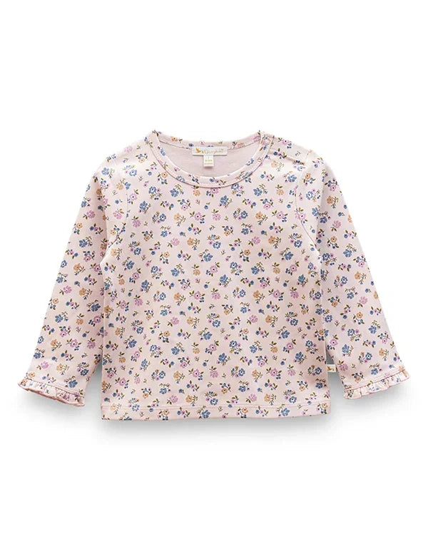 Pink long-sleeve baby top with blue and yellow floral print, organic cotton fabric