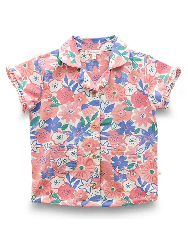 Kids short-sleeve shirt with colorful pink, blue, and green floral print, button-up front, and pockets