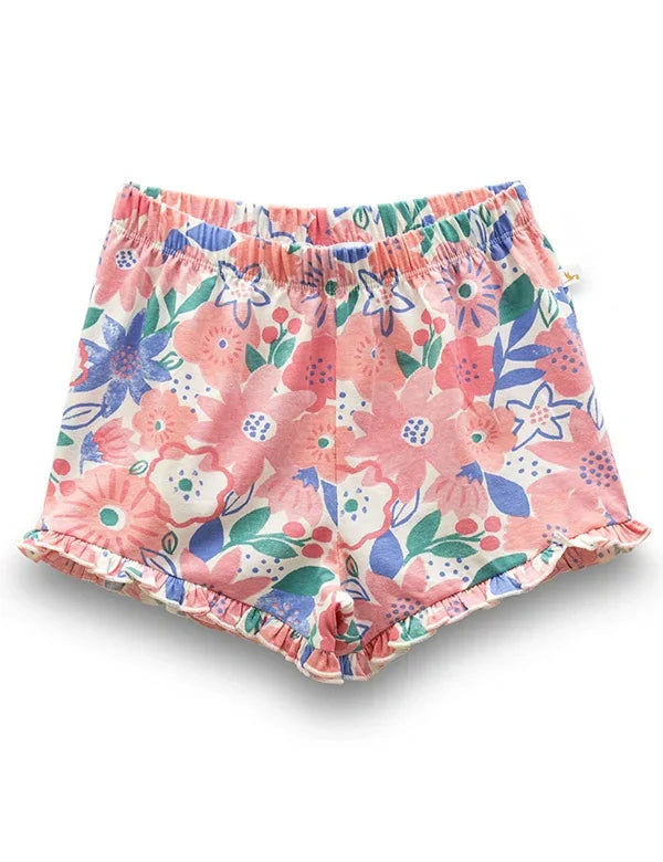 Kids floral print shorts with ruffle hem in pink, blue, and green organic fabric