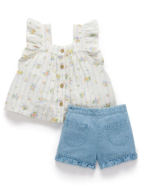Organic Cotton Floral Baby Top with Ruffled Denim Shorts Set