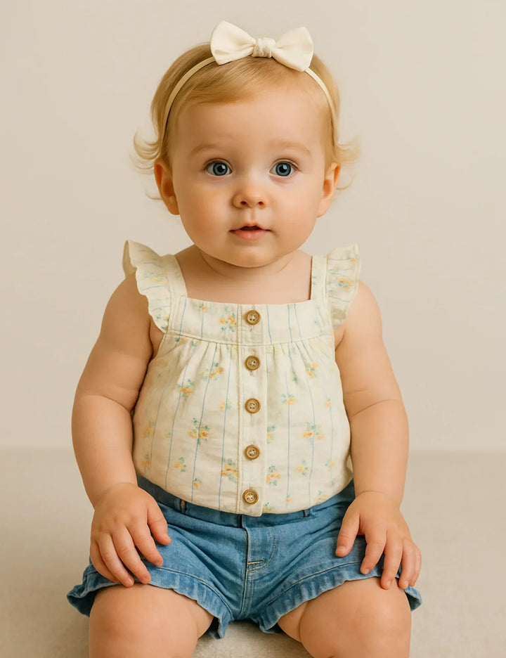 Organic Cotton Floral Baby Top with Ruffled Denim Shorts Set - ohmybebe