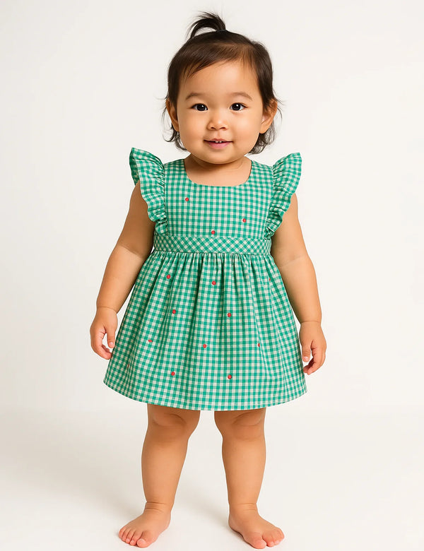 Organic Cotton Green Gingham Dress with Apple Embroidery for Baby Girls - ohmybebe