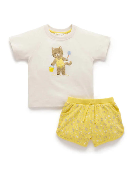 Organic Cotton Baby T-shirt Shorts Set | Cat Embroidery Summer Wear (Unisex)