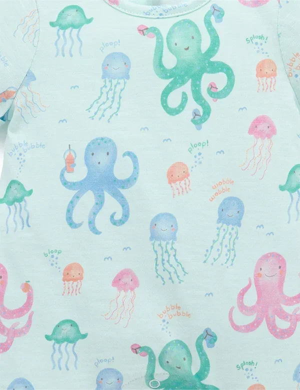 Light blue baby romper fabric with colorful smiling octopus and jellyfish print and playful text