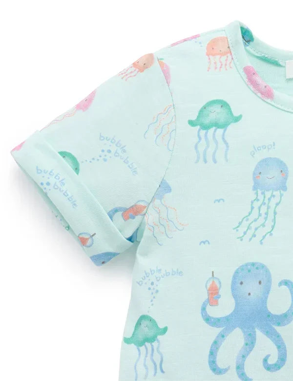 Light blue baby romper with colorful jellyfish, octopus print, and playful text details