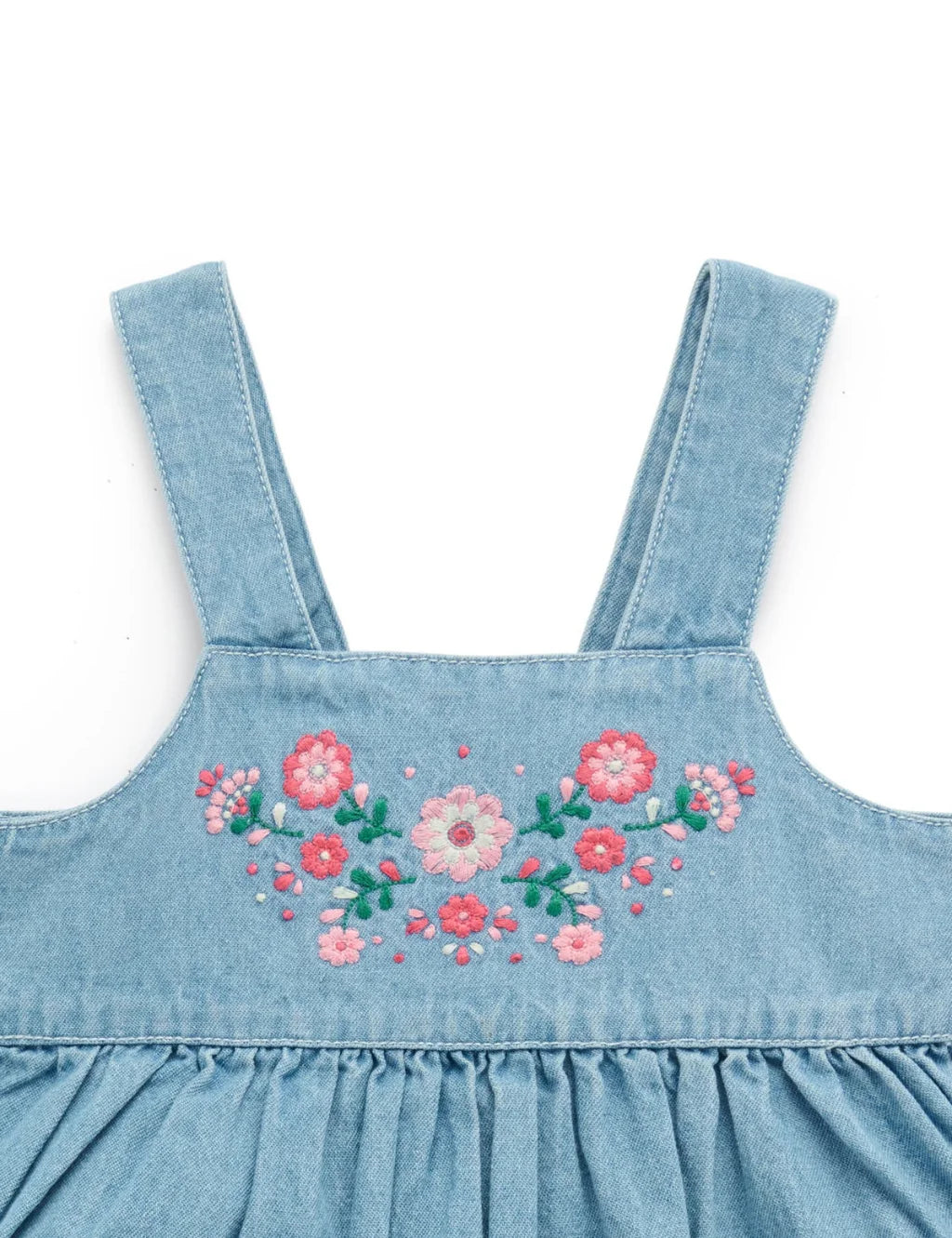 Light blue denim dress with floral embroidery on a white background