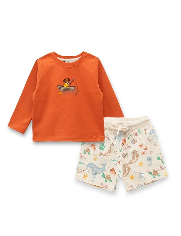 Organic Cotton Kids T-Shirt & Shorts Set | Fishing Dog Tee & Ocean Print Bottom (Boys) - ohmybebe