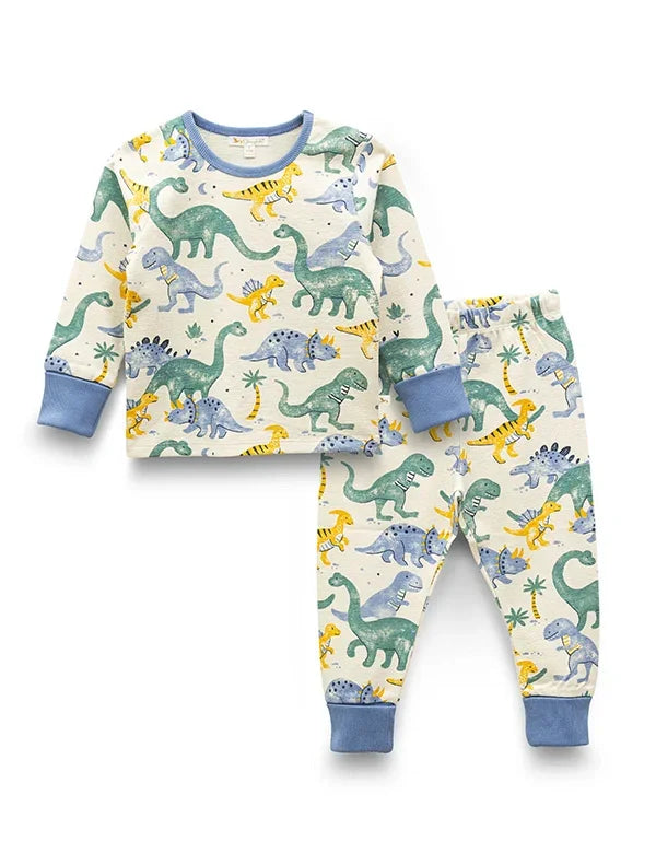 Organic Cotton Boys' Full Sleeve Pyjama Set - All-Over Dinosaur Print - ohmybebe