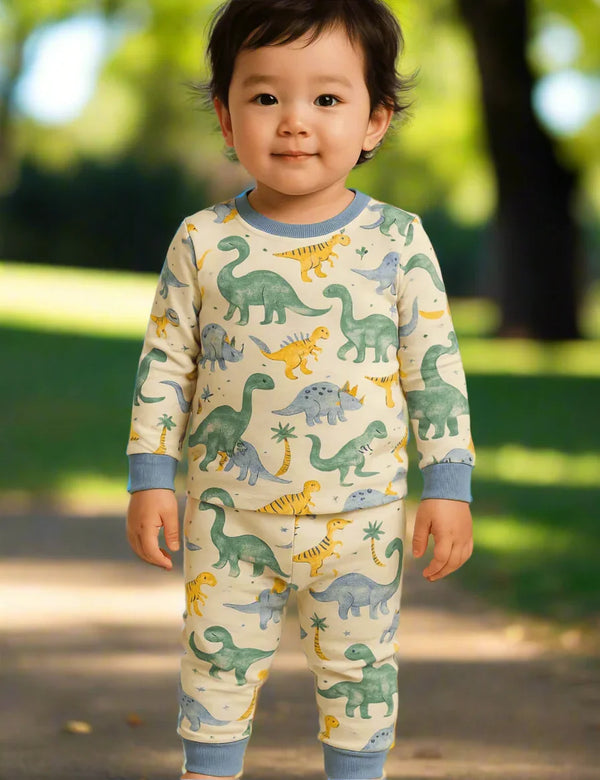 Organic Cotton Boys' Full Sleeve Pyjama Set - All-Over Dinosaur Print - ohmybebe