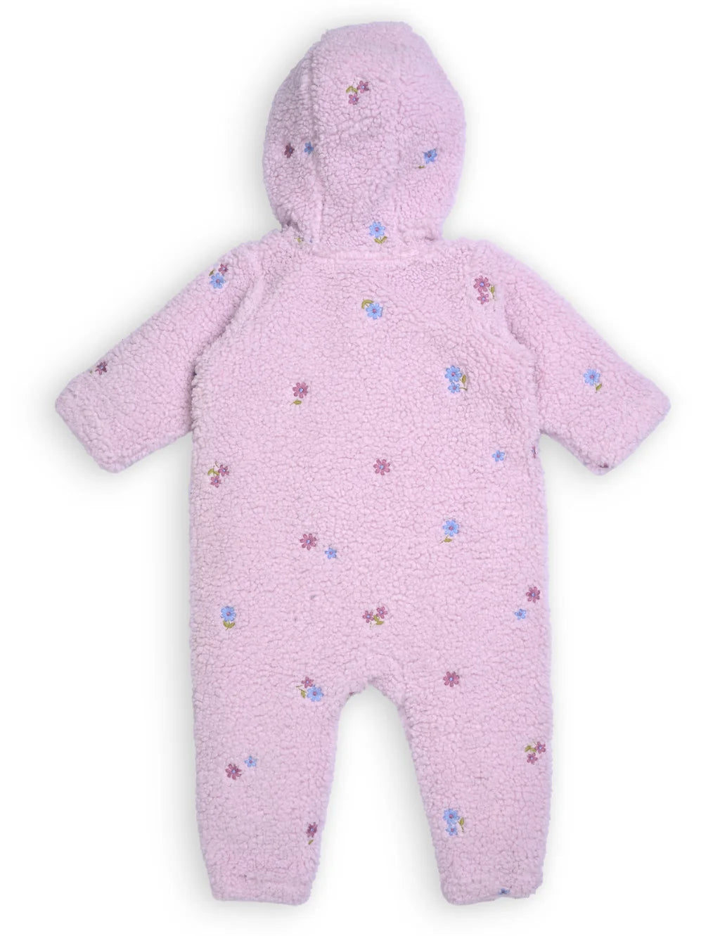 Pink baby snowsuit with floral patterns on a white background