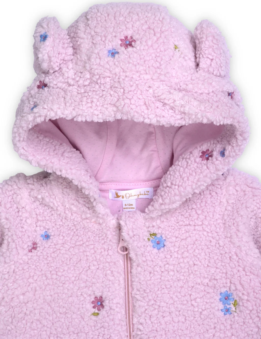 Pink children's snowsuit with floral designs on a white background