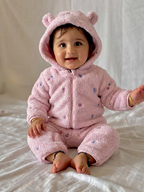 Floral-Embroidered Shearling Hooded Growsuit
