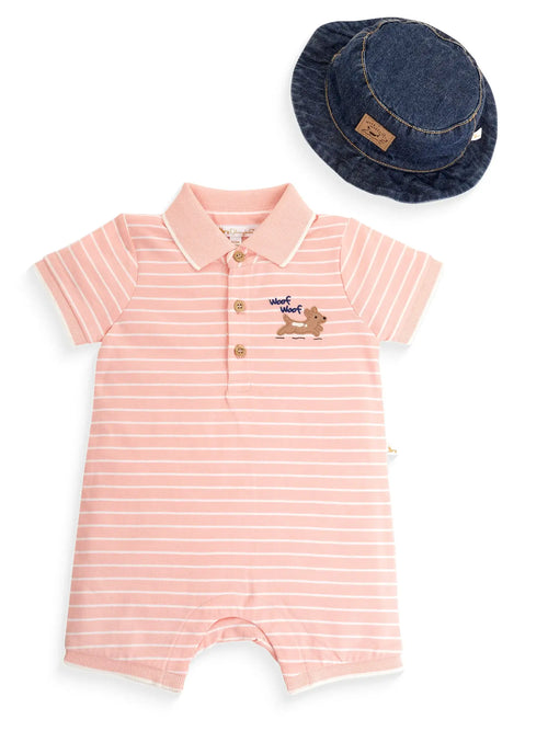 Organic Cotton Polo Romper with Denim Hat