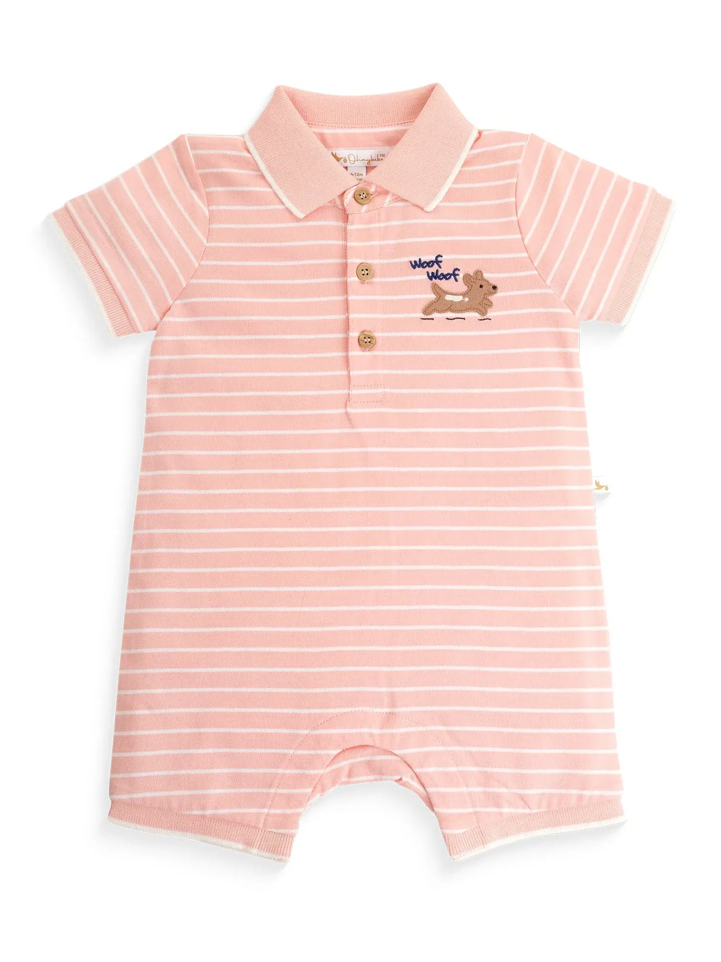 Pink and white striped baby romper with a logo on a white background