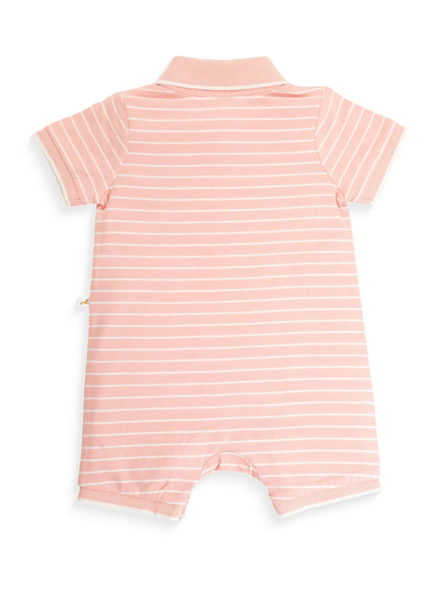Pink and white striped baby romper on a white background