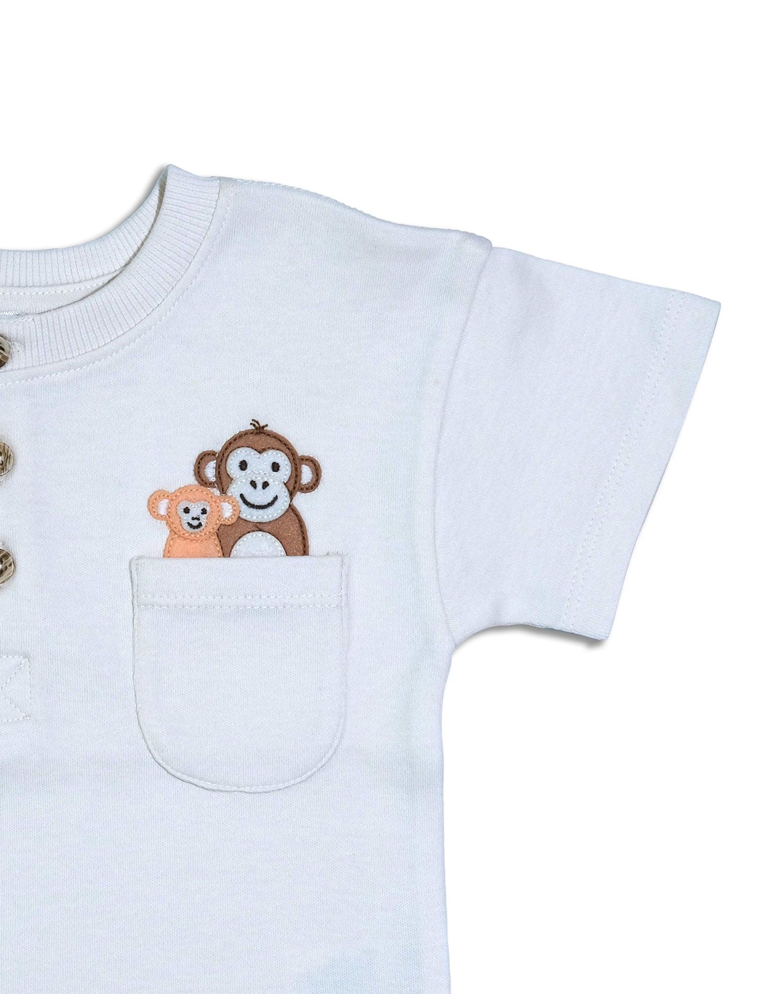 White organic cotton baby t-shirt with short sleeve and monkey embroidery on chest pocket