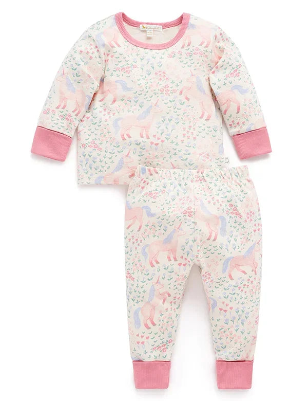 Baby pajamas set with pastel unicorn print, long sleeves, pink cuffs, and elastic waist pants