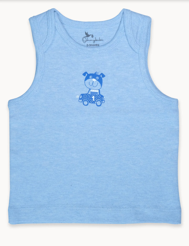 Close-up of the animal print on an Oh My Baby organic cotton baby jabla bodysuit, showcasing the bear and tree design. See the details of high-quality baby clothing online in India.