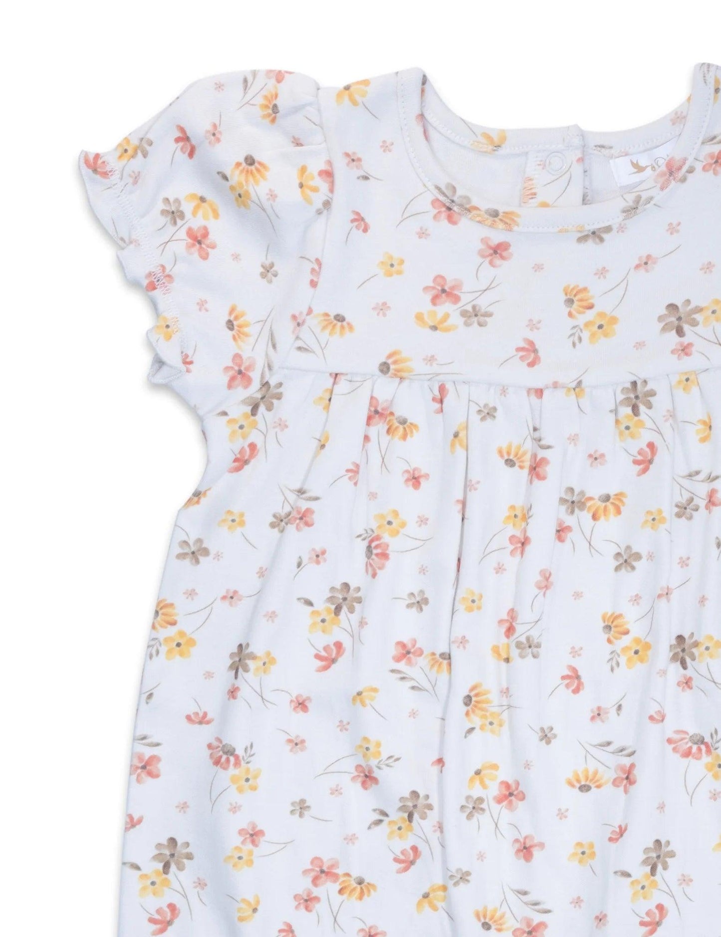 Organic baby romper with soft floral print and flutter sleeves on white cotton fabric