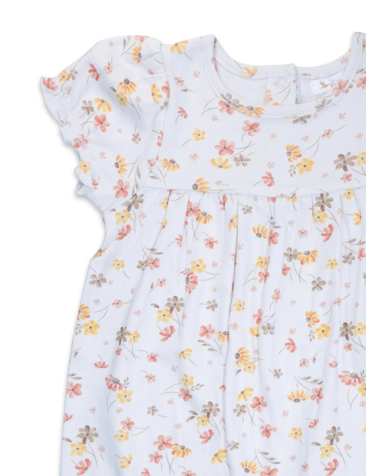 Organic baby romper with soft floral print and flutter sleeves on white cotton fabric