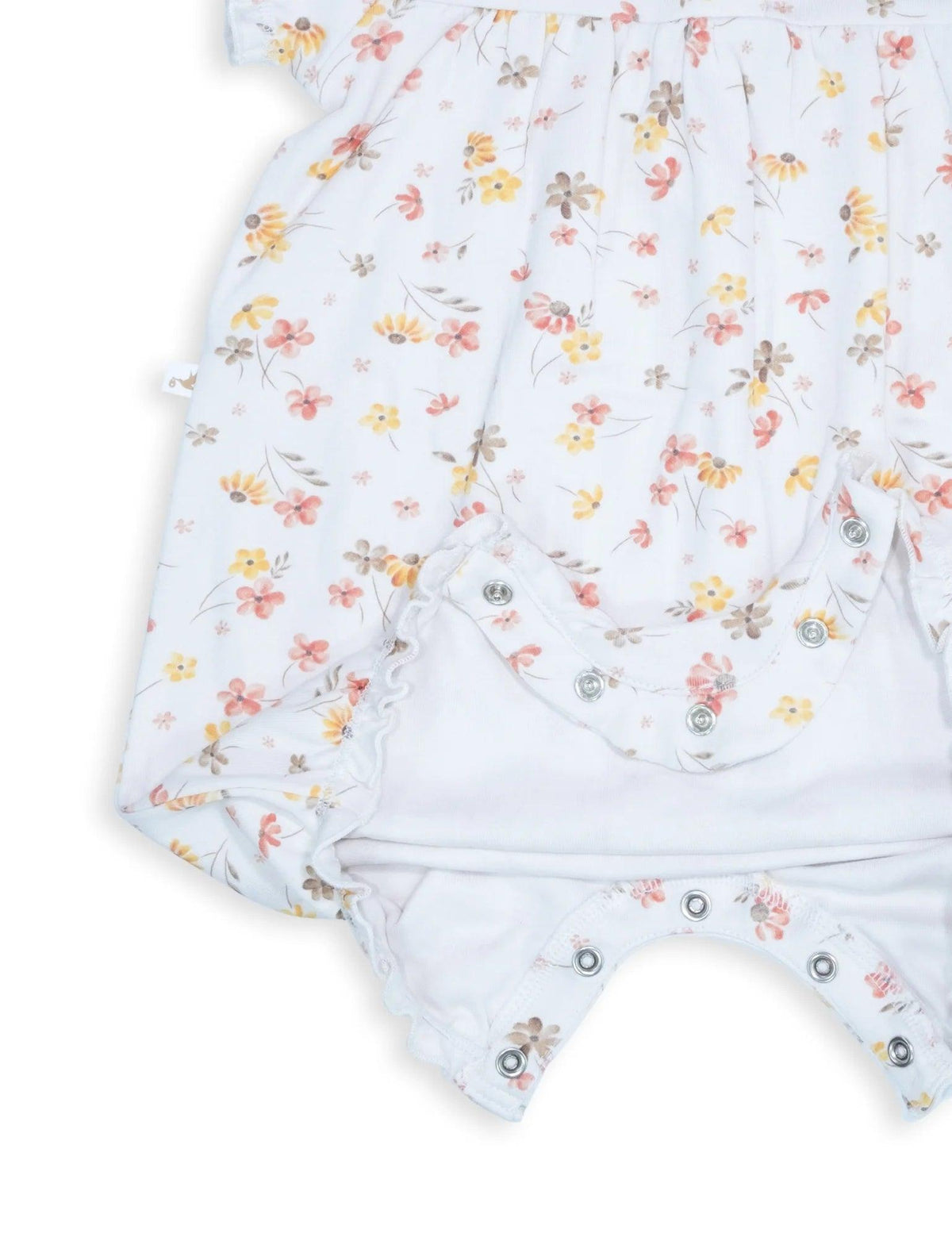 Organic cotton baby romper with yellow and pink floral print and leg snap buttons