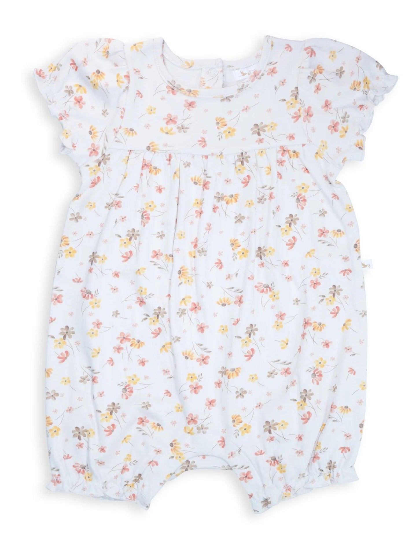 White baby romper with yellow, pink, and gray floral print and short puff sleeves